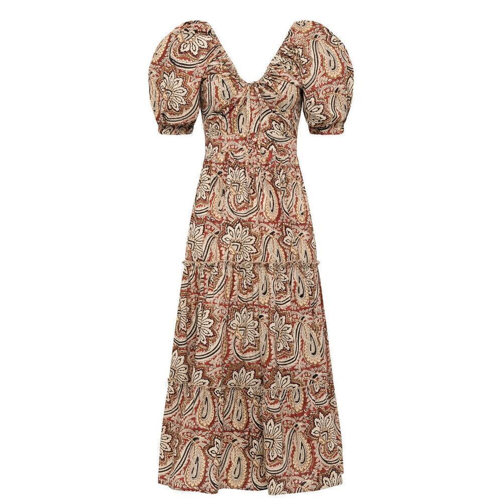 Anna Cate Arie Midi Dress Paisley Size Large Tiered Puff Sleeve $248.00